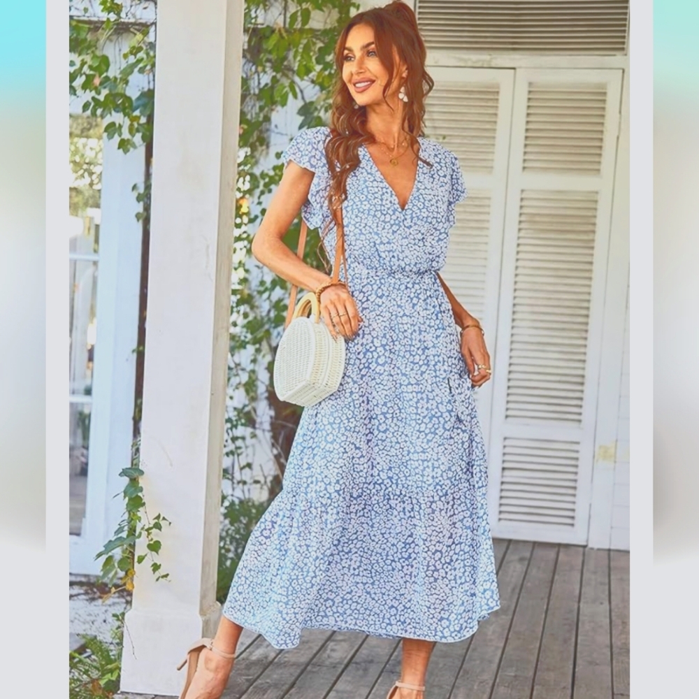 Amazon Blue and White V-Neck Flutter Sleeve Midi Dress